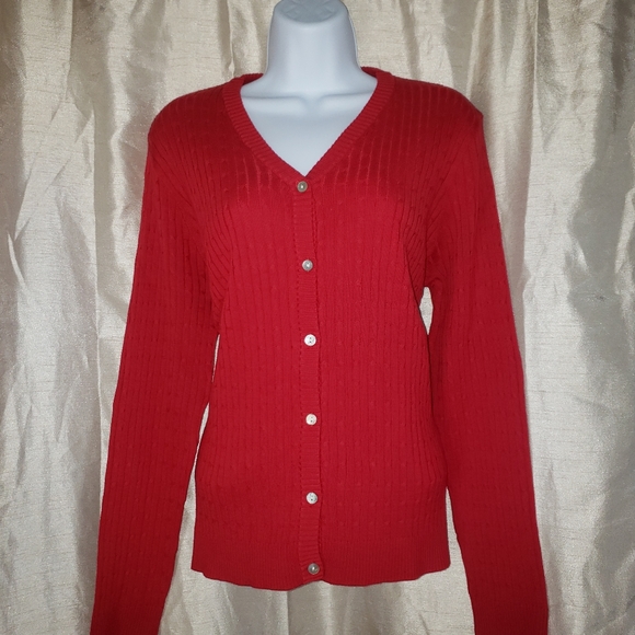 Caribbean Joe red cable knit button down cardigan sweater Womens Large - Picture 4 of 7